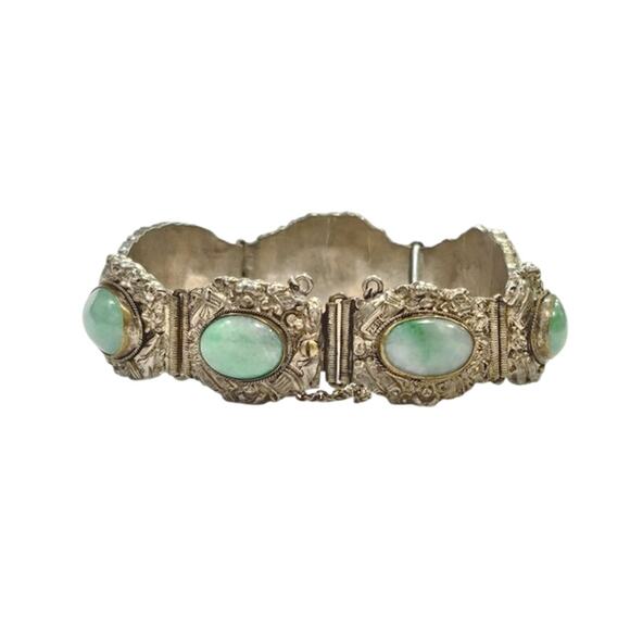 Vintage Chinese Export Silver Jadeite Bracelet Filigree Scrollwork Art Deco - Picture 1 of 8